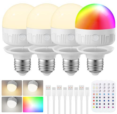 LGMCF Bombilla recargable con mando a distancia, E27, intensidad regulable, colores RGB, bombilla LED con batería, 8 W de control táctil con función de temporización, luz de emergencia con magnético