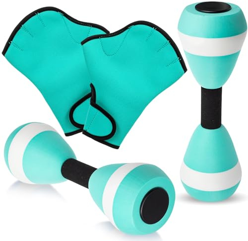 Seenelling Water Aerobics Set for Aquatic Exercise 1 Pair Neoprene Swimming Glove 2 Pcs Foam Aquatic Dumbbells Water Weights Pool Resistance Fitness Equipment for Training Workouts (Mint Green)