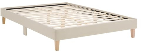 Homestyle4u Polsterbett 140x200 Beige mit Lattenrost - Futonbett | Doppelbett ohne Kopfteil, Beige Webstoff, 144x203 cm, Naturholzbeine, ideal als Gäste- oder Jugendbett