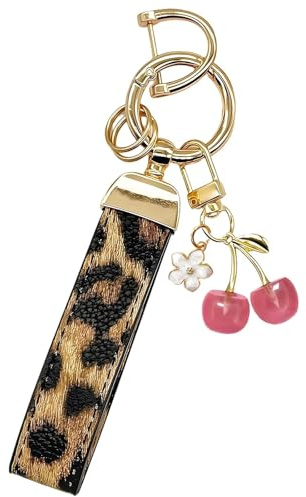 RIIRCSGE Porte-clés pour Femme, Porte-clés en cuir avec pendentif cerise, Keyring Léopard, Porte-Clefs Cadeau pour Femmes Filles Portefeuilles Sac à Main Charme, Voiture, Moto