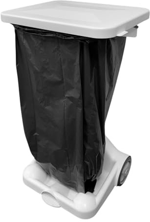 Chabrias Ltd Mobile Sack Free Standing Foot Pedal Waste Bag Garbage Holder Medical School Waste Bin Hand Free (White) | White Non-Recyclables graphic, 120L capacity, hands-free pedal, two wheels, reinforced frame, H93.5 x W56 x D52cm