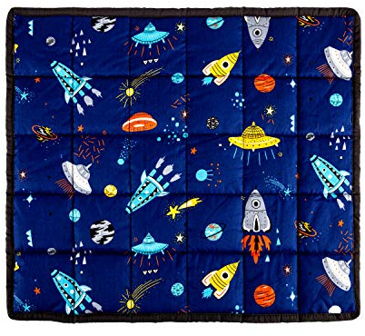 Sleepymoon Sensory Gravity Weighted Lap Pad Blanket Throw for Kids Boys Teens 3LBS 18″×21″Sleep Therapy Plush Travel Size Galaxy Spaceship Rocket Blue Minky+Cotton