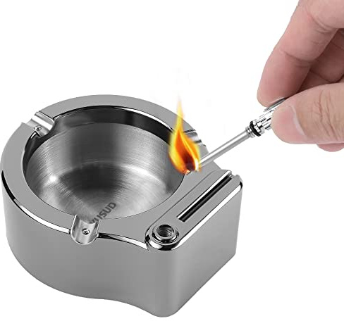 YUSUD Large Cigarette Ashtray with Permanent Match Lighter, Flint Fire Starter Ashtray, Fancy Metal Ash Tray Set for Weed, Cool Ashtrays for Cigars Outdoor Indoor Decor in Home Office