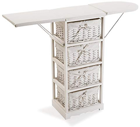 DRW Mueble planchador con alas abatibles y cestos de Mimbre Blanco 110x30x85 cm (Abierto)
