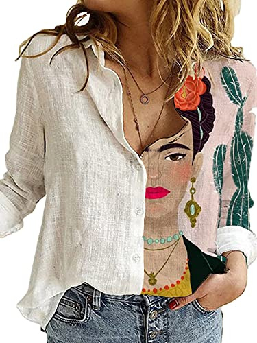 oneforus Chemise à Manches Longues d'impression d'avatar de Personnage de Femme, Modèle de Peinture Abstraite Chemise de Bureau Chemisier Tops S-XXXL (Pas de Coton ni de Lin)