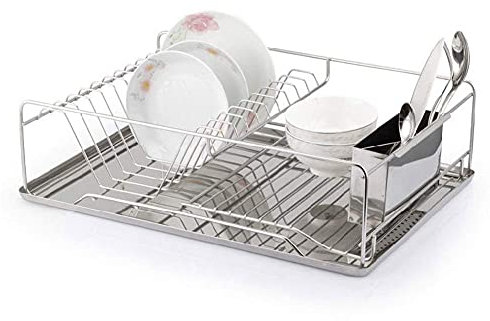 Scolapiatti con Vassoio Raccogligocce Rimovibile in Acciaio Inossidabile, Grandi Pentole Ciotole Piatti E Utensili da Cucina Ripiano Angolare Portabicchieri Portatovaglioli