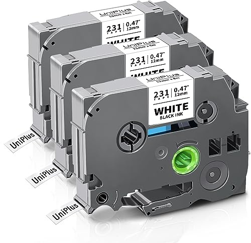UniPlus 3x Kompatible Tze 0,47 12mm Schriftband für Brother Tze231 Tze-231 | Tz231 TZc-231 Etikettenband für Brother PTouch H105 E100 P300BT H107B H100R H110 D210 D400VP H200 1000 Cube, Schwarz auf Weiß