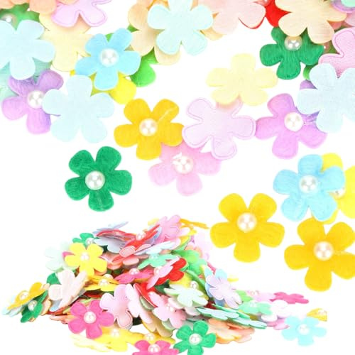 Hapivida Filzblumen, Kreative Filzblumen mit Mittelperlen 200 Stück zum Aufnähen für DIY Bastelprojekte Kleidung Taschen Dekoration