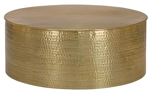 WOMO-DESIGN Couchtisch Ø 90x46 cm Gold, Unikat, Hammerschlag-Optik, Handgefertigter Beistelltisch, Orientalischer Wohnzimmertisch, Runde Tisch, Aluminium Loungetisch, Flacher Sofatisch, Metall Tisch