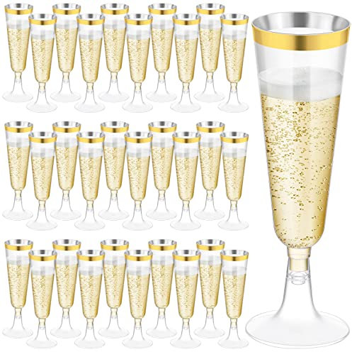 Ruisita 120 Pack 5 Ounces Plastic Champagne Flutes Disposable Plastic Champagne Glasses for Parties Clear Toasting Flutes Cocktail Cups for Wedding, Anniversary, Birthday (Gold)