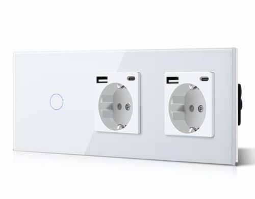 BSEED Interruptor táctil y enchufe pared,Toma de corriente con USB C,Panel de Vidrio con pulsador LED,Sin Función Wifi,1 Gang 1 Vía+2 Enchufes USB/Tipo C,228mm Blanco