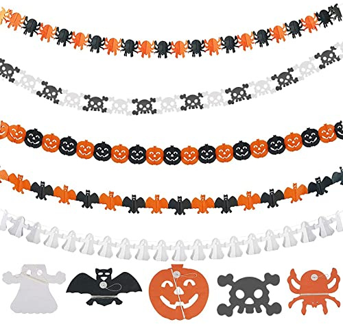 5 STK Halloween Deko Set,Halloween Banner,Halloween Girlande,Halloween Decoration, Enthält Kürbisse, Skelette, Fledermäuse, Geister, Spinnen