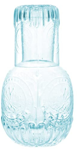 RockTrend Retro Clear Glass Bedside Night Water Carafe with Tumbler Glass, Relief Pitcher And Cup Set Blue