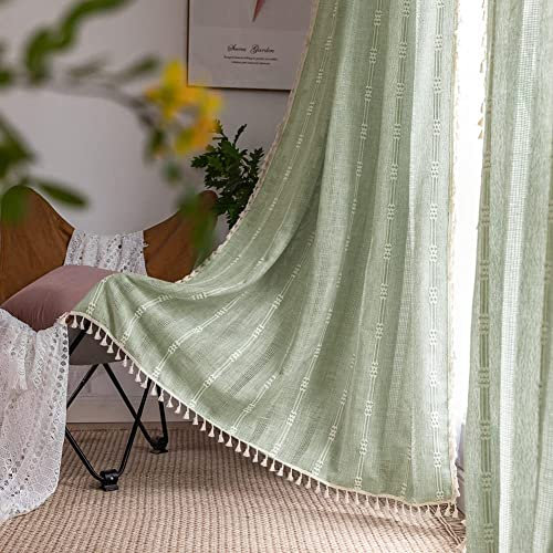 SASIGAYA Vorhänge Boho Durchbrochene Bestickete Vorhang Gardinenschals mit Quasten Grün Vintage Gardinen Baumwolle Leinen Verdunklungen Vorhang 2 Stück für Schlafzimmer Wohnzimmer H244×B132