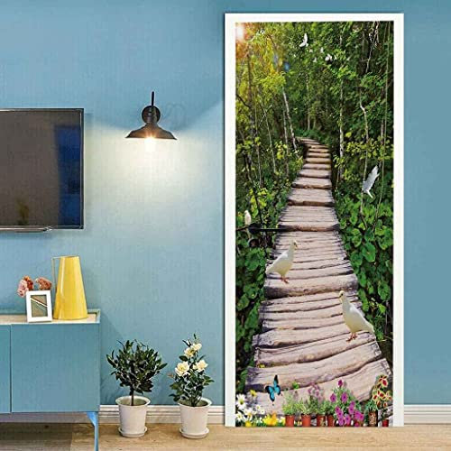 Türtapete 3D Selbstklebend Türposter - Wald-Hängebrücke-Landschaft 90 X 200 Cm - Türaufkleber Fototapete Abziehen Und Aufkleben Türfolie Poster - Kinderzimmer Wohnzimmer Küche Schlafzimmer Tür Fotos