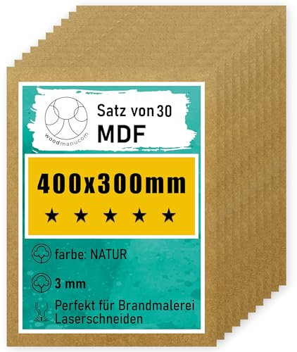 woodmanucom MDF Platten | 400 x 300 x 3 mm | Bastelplatte Dünne Holz-Platten | Perfekt für Laser, CNC Router, Laubsäge, Modellierung (30 Stück natürlich)