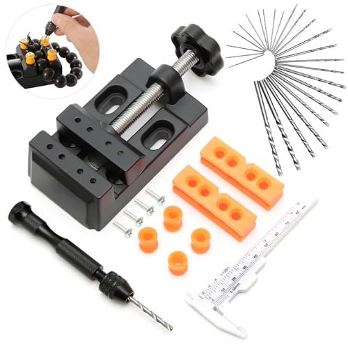 25 Pcs Hand Drill Bits Set and Adjustable Small Drill Press Vise, Black Metals Precision Pin Vise Hobby Drill, Pin Vise Mini Drill Set Making for Woodworking Model Jewelry