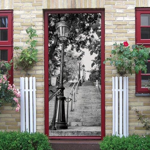 Türtapete Selbstklebend Treppen Schwarz Und Weiß Straßenlaternen Bäume 80 X 200 Cm Türtapete Selbstklebend Türposter,Fototapete Selbstklebend 3D Pvc Türaufkleber Diy Türbild,Türfolie Poste -2W7M7N9S2G