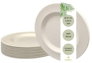 DeinPack Lot de 500 assiettes rondes élégantes en canne à sucre - Diamètre : 27 cm - Blanches - Assiettes de fête - Vaisselle jetable - Assiettes plates bio - Assiettes plates en bagasse - Vaisselle