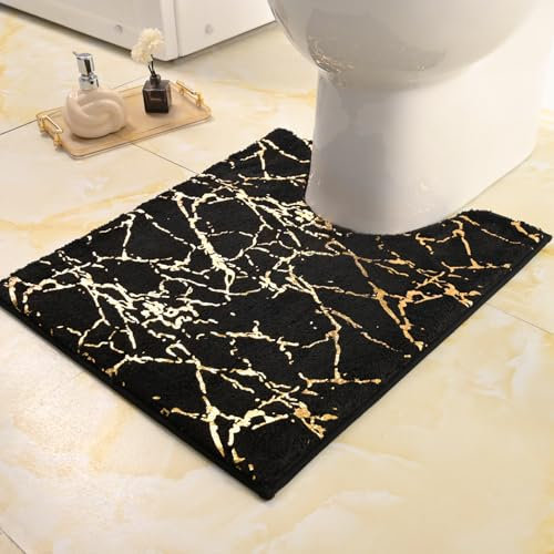 QJHOMO Badematte rutschfest Waschbar Badvorleger, WC Vorleger mit Ausschnitt Schwarz Badezimmerteppich, Gold Deko WC Teppich Luxus Bad Accessoires, weich Mikrofaser saugstark Badteppich 50x60 cm