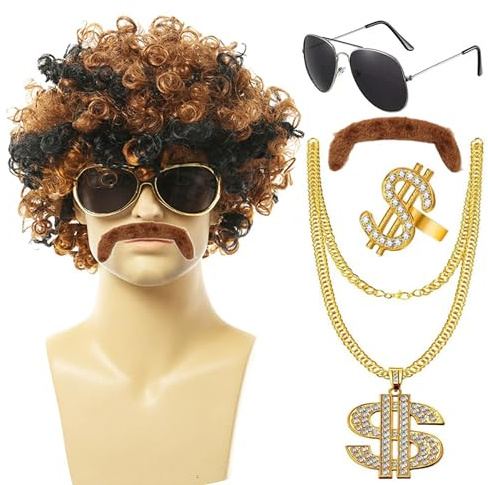 WateryWave 5er Set Perücke Herren 70er 80er Jahre Disco Dude Sonnenbrille Perücke Halskette Schnurrbart Zum Ankleben Locken Perücken Männer Braun Mix Schwarz 70er 80er Jahre Outfit Hippie Kostüm