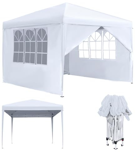MAYTIIMO Pavillon 3x3m Wasserdicht Stabil Winterfest Faltpavillon mit 4 Seitenteilen und Fenstern Faltbare Gartenpavillon UV-Schutz Gartenzelt Partyzelt für Outdoor Garten Party, Weiß
