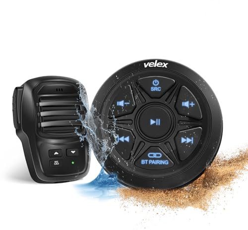 Velex Bluetooth Audioempfänger, wasserdichter Marine Verstärker 2-Kanal mit wiederaufladbarem Handmikrofon Wireless Reichweite 30 Füße