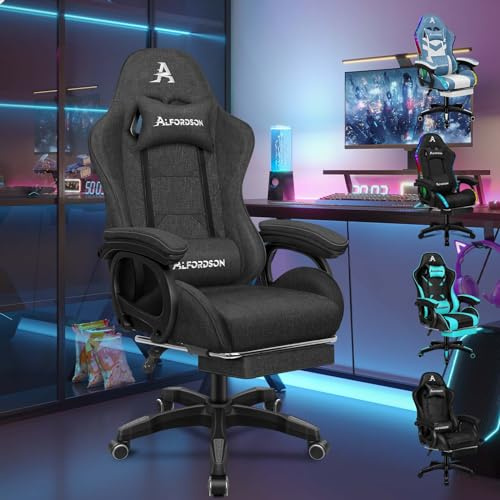 ALFORDSON Gaming Stuhl Gaming Sessel Massage, ergonomischer Bürostuhl einziehbar Fußstütze, Schreibtischstuhl bis 180 kg,Computerstuhl Rückenlehne 90-150° neigbar, 360° Drehstuhl, Stoff Schwarz