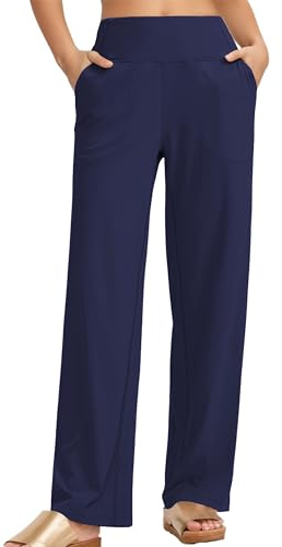 Timuspo Yogabyxor, hög midja, joggingbyxor, sportbyxor med 2 fickor, byxor, raka breda ben, bekväma fritidsbyxor, breda elastiska midjeband, sweatbyxor, träningsbyxor, Marinblå, XL