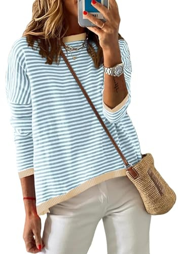 Cuptacc Jersey Mujer a Rayas, Sudadera Manga Larga Cuello Redondo, Algodón Casual Punto, Beige Rojo
