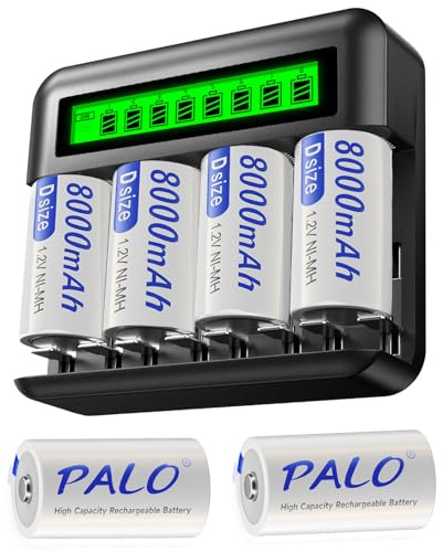 Palogreen 6-Pack Rechargeable D Batteries with Charger, Universal Battery Charger for AA/AAA/C/D 1.2V NI-MH NI-CD Rechargeable Battery (3 Battery Boxes)