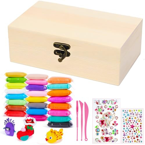 Schatzkästchen aus Holz, Holzkiste mit 24 farbe Lufttrockener Ton Edelstein Aufkleber Piraten Schatztruhe zum bemalen Schatzkisten Bastelset Geschenk für Kinder Mädchen Junge party Geburtstag