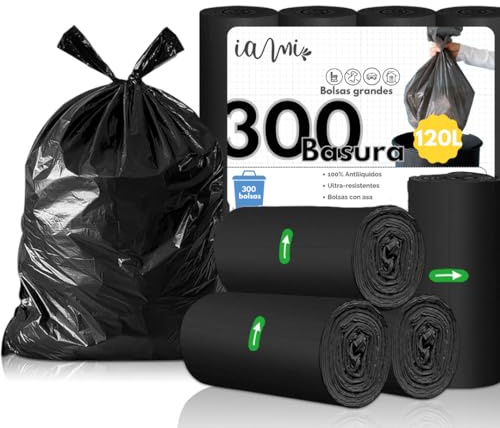 IAMI Bolsas de Basura 120 L 85x105 cm Negras 30 Rollos de 10 Bolsas | Polietileno de baja densidad | Sistema antigoteo | Extremos reforzados para atar | Uso interior y exterior