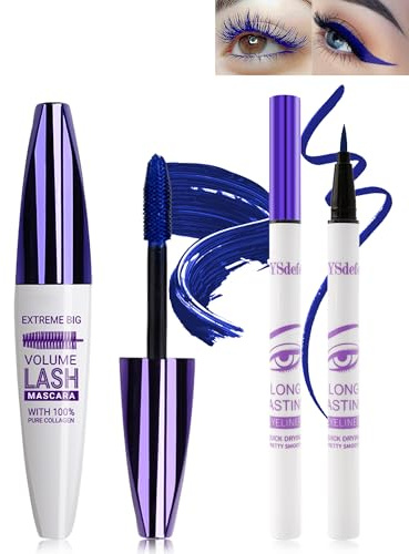 5D Blau Seidenfaser Mascara und Flüssiger Eyeliner Set Wasserfester Frau | Blue Liquid Eyeliner Wischfester Langlebige Volumizing Curling Verlängerung Wimpern Wimperntusche für Party Bunt Augen Makeup