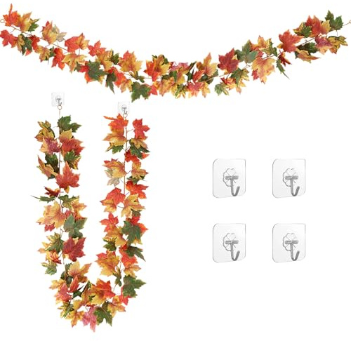 RHQFDM 2Pcs Künstliche Ahornblatt Girlanden, Herbstdeko Kamin (Frühherbst) | 178 cm Herbstblättergirlande mit Haken, für Haus/Hotel/Büro/Hochzeit/Garten, pflegeleicht, wiederverwendbar