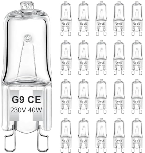 Pddenality 20 Pack G9 Halogen Light Bulbs 40W,Warm White 230V Clear Dimmable Small Light Bulb Long-Lasting Lighting G9 Dimmable Capsule Bulbs, Non-Flicker
