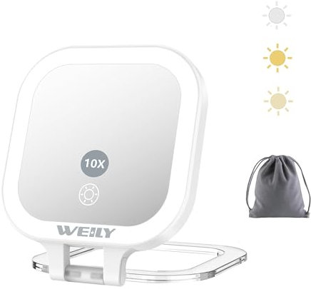 WEILY Taschenspiegel mit Beleuchtung, 10X/1X Vergrößerung Doppelseitiger Reisespiegel, mit 3 Farblichtern, Touch Steuerung, Wiederaufladbarer Tragbarer Spiegel für Schlafzimmer und Badezimmer