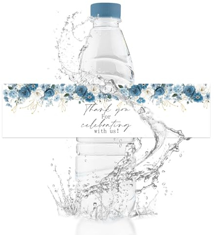URROMA Lot de 50 étiquettes pour Bouteille d'eau, Motif Fleurs Bleues et Blanches, Autocollants de Remerciement, estampage à Chaud, Feuilles imperméables pour fête prénatale