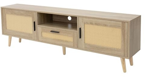 ML-Design TV-Schrank 160x50,5x30 cm Eiche Optik, Fernsehtisch mit 2 Türen, Schublade, Ablage, TV Board Rattanfront, Massivholzfüße, TV Lowboard für Wohnzimmer, Fernsehschrank für Fernseher bis 70 Zoll