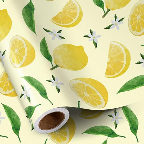 RUSPEPA Zitronen-Geschenkpapierrolle, Mini-Rolle, gelbes Geschenkpapier mit Zitronen- und Blütenmotiv, ideal für Geburtstage, Sommerpartys, tropische Themen und Feiertage, 43,2 cm x 5 m
