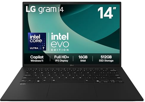 LG gram 14Z90T - 14 Inch FHD+ IPS Ultra-Lightweight Laptop, Intel Core Ultra 7 255H - EVO Edition, 16GB RAM, 512GB SSD, Windows 11 Home, gram Hybrid AI, Copilot, Black (2025)
