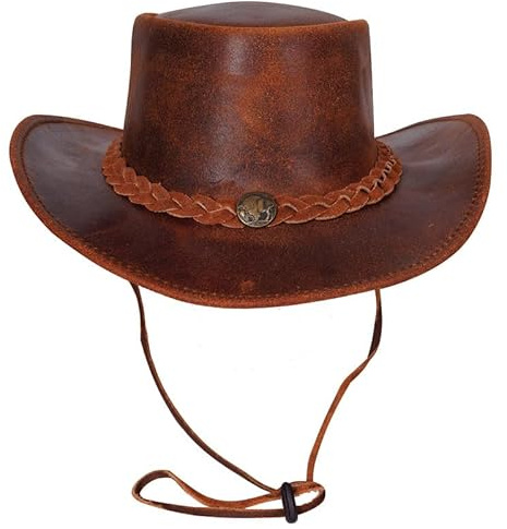 URBAN 5884 Äkta läder cowboyhatt, herr/dam äkta kohud västerländsk hatt, formbar brätte och justerbar hakrem, kastanj, M