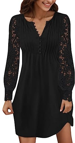Robe De SoiréE Femme Manches Longues Dentelle Col V avec Boutons Mini Robes Chic Et Elegant Slim Fit Casual Solide Pas Cher Grande Taille pour Princesse De Promo Anniversaire Dress