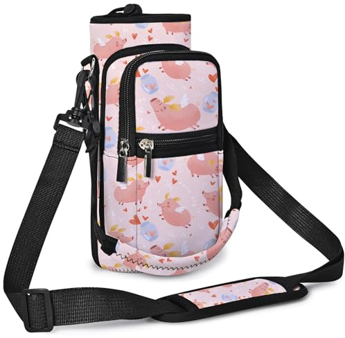 Mibbxea 25oz Wasserflaschenhalter-Tragetasche – Isolierte Umhänge-Slingtasche mit Gurt und Fächern für Herren und Damen Fitnessstudio Reisen Camping Radfahren Wandern Laufen (Rosa Schwein)