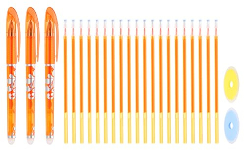 PATIKIL 3Pack Erasable Gel Pens with 20 Refills & 2 Erasers, 0.5mm Heat Erasable Pens for Fabric Orange Ink Fabric Markers for Sewing Quilting Planner Writing