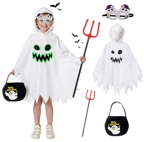 OUMDON Deguisement Halloween Fantôme Enfant: Costume Fantome Enfant Avec Sac à Main Fourchette du Diable et Lunettes - Cape Fantôme Blanche pour Soirée Cosplay (S 4-6ans)