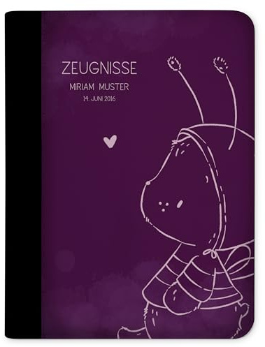 CreaDesign Zeugnismappe A4 mit Namen personalisiert – Hummel Bär lila – für Mädchen – Dokumentenmappe Schule ohne Klarsichthüllen