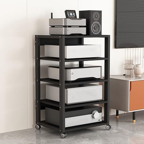 HiFi Regal Audio Rack Schrank 3/4/5/6/7 Ebenen AV-Medienständer offener CD-Player-Ständer Plattenspieler Tisch mit verstellbaren Ablage Und 360° Rollen for Spielkonsolen Platten – Schwarz(5 Layers)