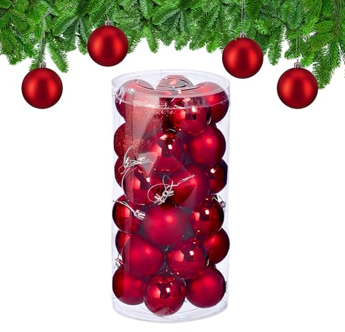 Relaxdays Weihnachtskugeln im 30er Set, Kunststoff, D: 6 cm, runde Weihnachtsbaumdeko, Baumschmuck bruchsicher, rot