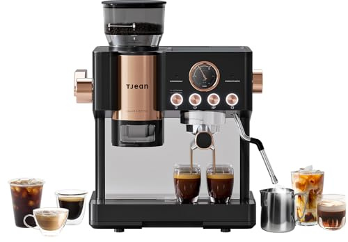 Tjean Barista Senso – Cafetera Doble Bomba para Café en Grano con Molinillo Integrado, Espresso, Latte y Capuchino con Sistema de Tampado Inteligente, Espumador de Leche Manual (Negro Rosa)